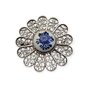 Blue & White Porcelain Delft Style Filigree Pin Vintage  Brooch